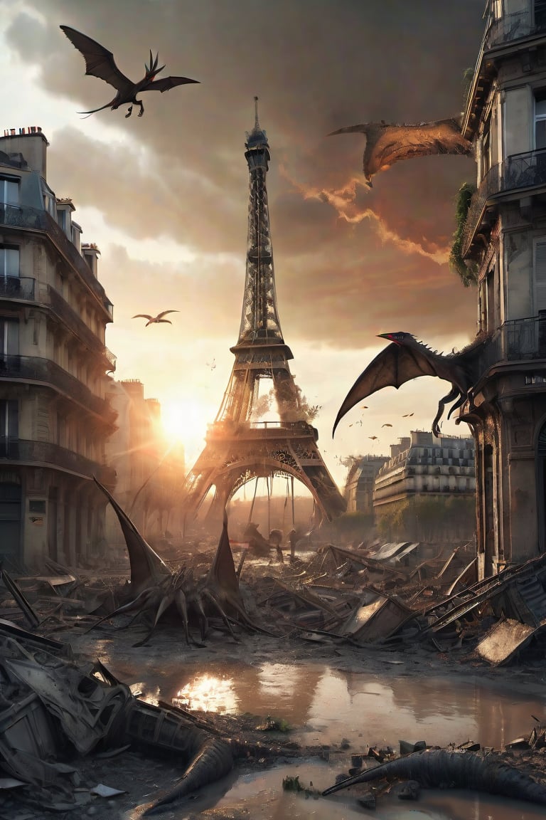 post apocalyptic image of the city of Paris destroyed, in ruins, the Eiffel tower being attacked by Pterodactyls, in the background the sun setting beautifully on the horizon, hyper realistic image, intricate details, extreme photographic quality, dramatic light, soft shadow,flooded