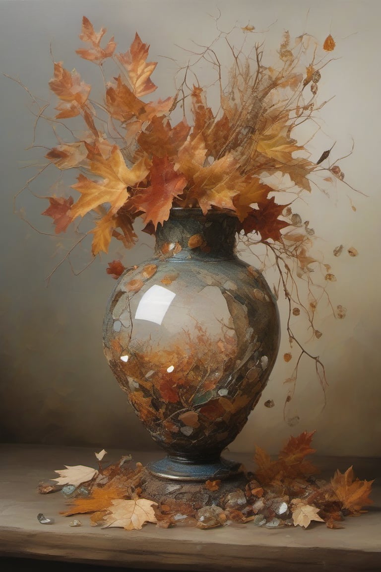 A mixed-media creation blending photography and painting,  a delicate,  antique vase surrounded by shards of broken glass...