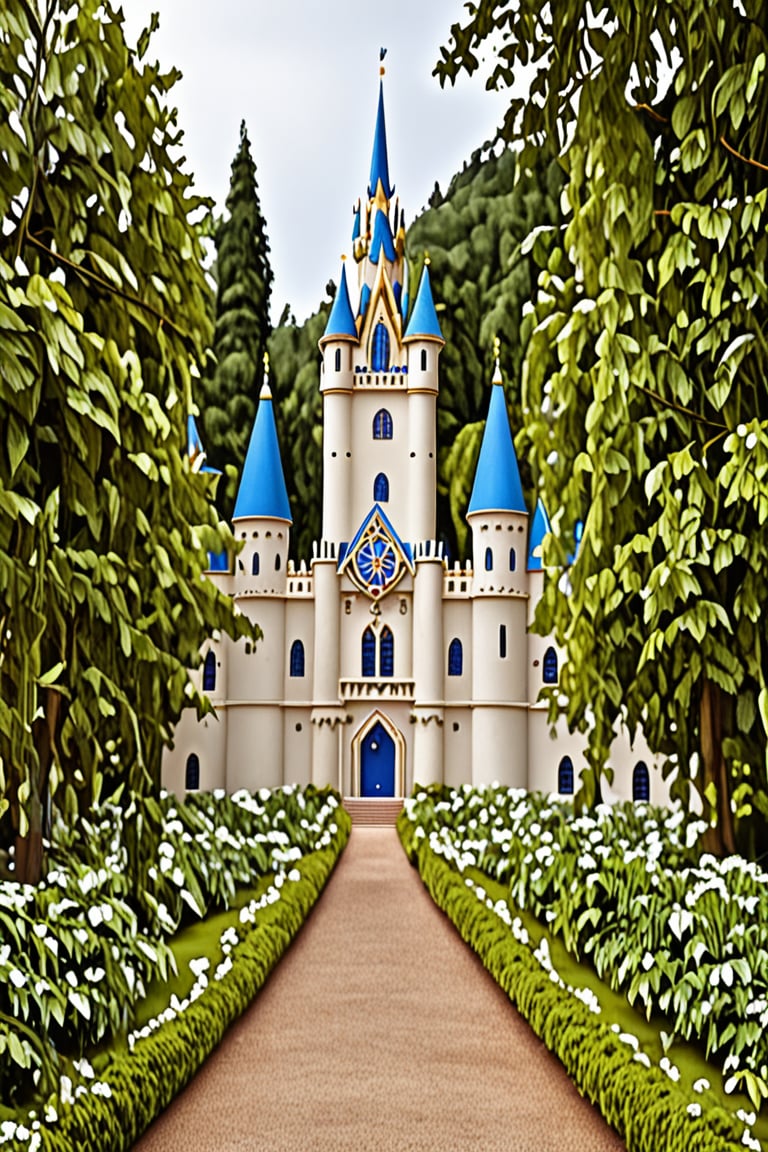 A meticulously crafted 3D artwork of a majestic castle surrounded by intricate details. The castle is central and is adorned with multiple spires, turrets, and ornate architectural features. The background is framed by elaborate cloud formations, and the entire scene is enveloped in a serene ambiance. The castle is surrounded by lush greenery, including trees and bushes, and there's a pathway leading to its entrance. The entire artwork exudes a sense of fantasy and fairy tale.