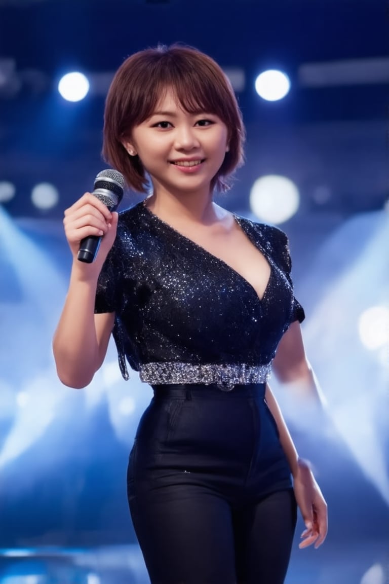 A glamorous K-pop star stands center stage, exuding elegance and charm. The scene is set in a grand concert hall, with spotlights creating a dramatic effect, highlighting her flawless makeup and luxurious attire. She poses with a confident smile, holding a microphone, her posture reflecting poise and sophistication. The background is filled with vibrant, colorful lights, enhancing the atmosphere of a high-energy performance. The composition captures her star power and the electrifying ambiance of a K-pop concert.