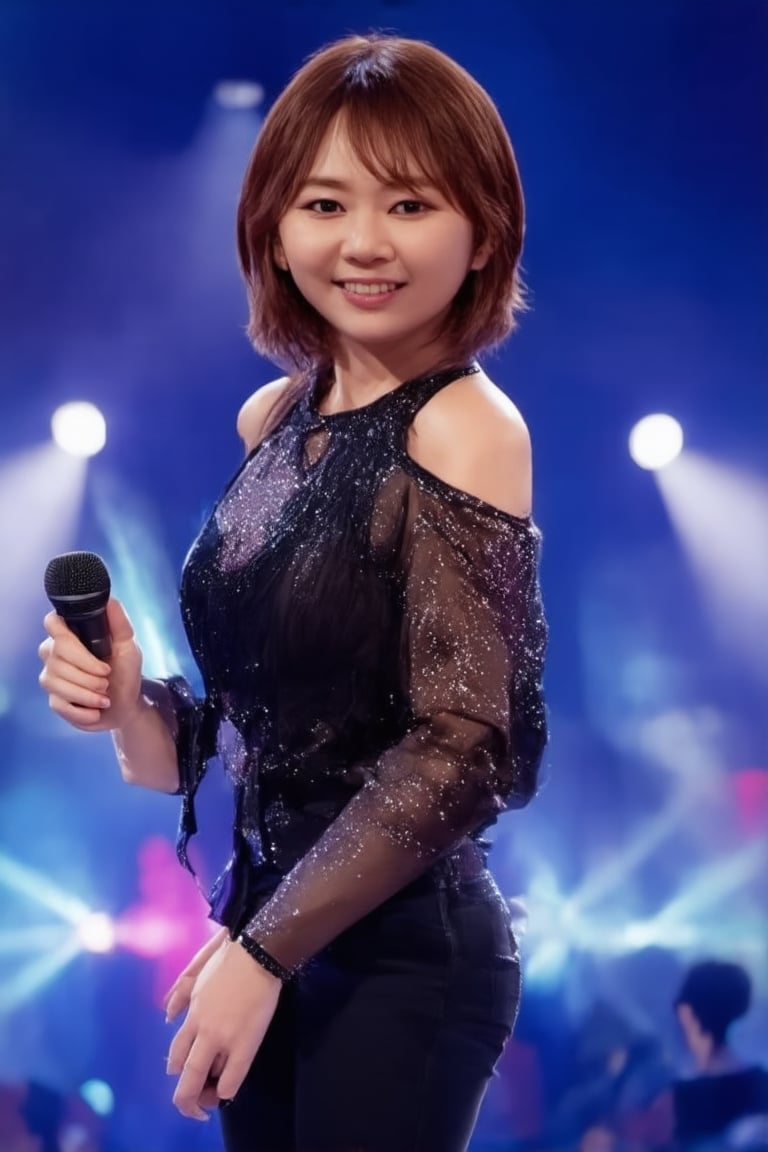 A glamorous K-pop star stands center stage, exuding elegance and charm. The scene is set in a grand concert hall, with spotlights creating a dramatic effect, highlighting her flawless makeup and luxurious attire. She poses with a confident smile, holding a microphone, her posture reflecting poise and sophistication. The background is filled with vibrant, colorful lights, enhancing the atmosphere of a high-energy performance. The composition captures her star power and the electrifying ambiance of a K-pop concert.