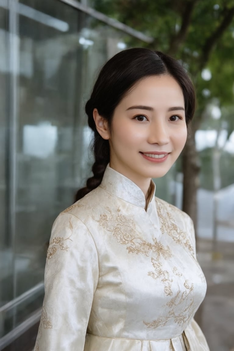 In the image, a woman is standing in front of a glass facade that reflects her image. She is wearing a traditional Chinese dress adorned with floral patterns and gold accents. Her hair is styled in a braid that rests over her right shoulder. The background suggests an urban environment, with a tree visible behind her. The overall tone of the image is bright and cheerful, highlighted by the woman's smile and the daylight setting.