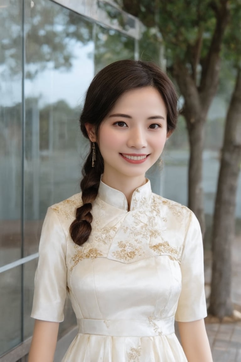 In the image, a woman is standing in front of a glass facade that reflects her image. She is wearing a traditional Chinese dress adorned with floral patterns and gold accents. Her hair is styled in a braid that rests over her right shoulder. The background suggests an urban environment, with a tree visible behind her. The overall tone of the image is bright and cheerful, highlighted by the woman's smile and the daylight setting.