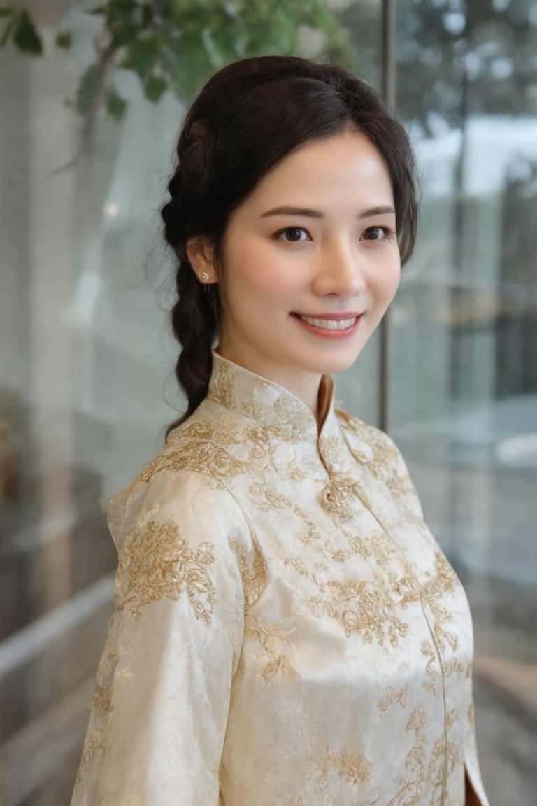 In the image, a woman is standing in front of a glass facade that reflects her image. She is wearing a traditional Chinese dress adorned with floral patterns and gold accents. Her hair is styled in a braid that rests over her right shoulder. The background suggests an urban environment, with a tree visible behind her. The overall tone of the image is bright and cheerful, highlighted by the woman's smile and the daylight setting.