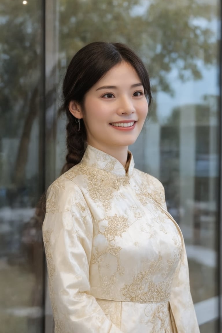 In the image, a woman is standing in front of a glass facade that reflects her image. She is wearing a traditional Chinese dress adorned with floral patterns and gold accents. Her hair is styled in a braid that rests over her right shoulder. The background suggests an urban environment, with a tree visible behind her. The overall tone of the image is bright and cheerful, highlighted by the woman's smile and the daylight setting.