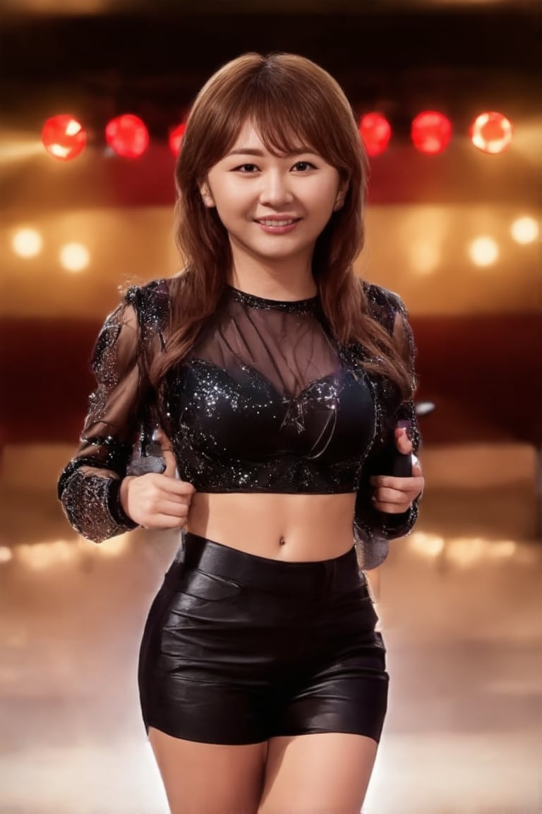 A glamorous K-pop star stands center stage, exuding elegance and charm. The scene is set in a grand concert hall, with spotlights creating a dramatic effect, highlighting her flawless makeup and luxurious attire. She poses with a confident smile, holding a microphone, her posture reflecting poise and sophistication. The background is filled with vibrant, colorful lights, enhancing the atmosphere of a high-energy performance. The composition captures her star power and the electrifying ambiance of a K-pop concert.