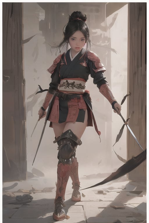 physically-based rendering, portrait, ultra-fine painting, extreme detail description, Akira Kurosawa's movie-style poster features a full-body shot of a super cute 18-year-old European-Japanese girl, embodying the Shinobi of Japan's Warring States Period, An enigmatic female kunoichi, clad in ninja armor , This striking depiction, seemingly bursting with unspoken power, illustrates a fierce and formidable female warrior in the midst of battle. The image, likely a detailed painting, showcases the intensity of the female ninja's gaze and the intricate craftsmanship of his armor. Each intricately depicted detail mesmerizes the viewer, immersing them in the extraordinary skill and artistry captured in this remarkable 