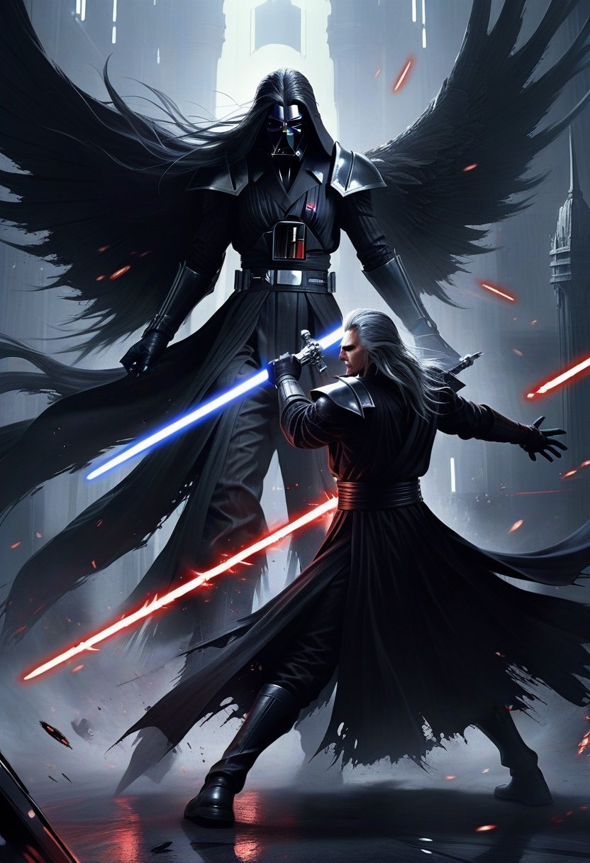 star wars darth varder fighting with ffvii sephiroth, sword battle