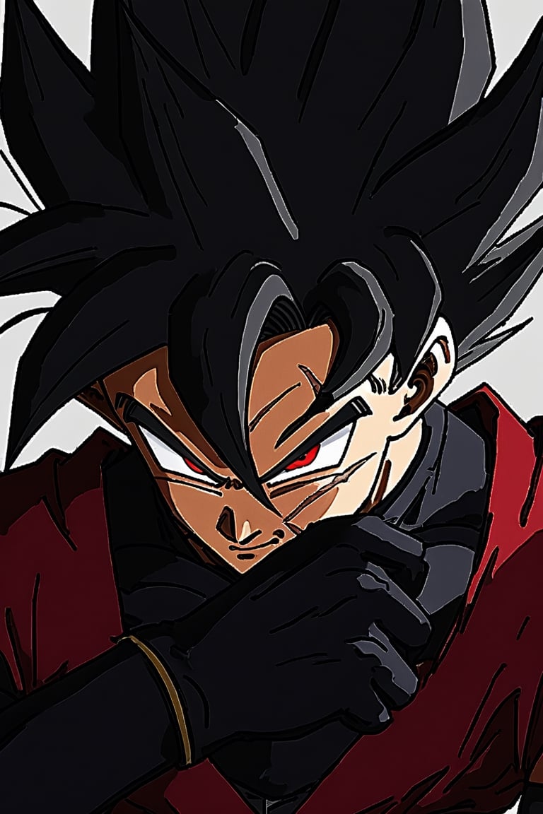 
hybrid saiyan half human android with black hair red eyes goku black clothing gloves black cross scar on his left cheek and a scar on his right eyebrow that reaches to his cheek gender man,more detail XL,rosev3,gohan_beast