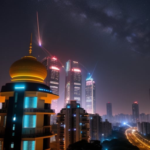 futuristic indian cityscape skyline on a hot summer night with milky way like stars and moon