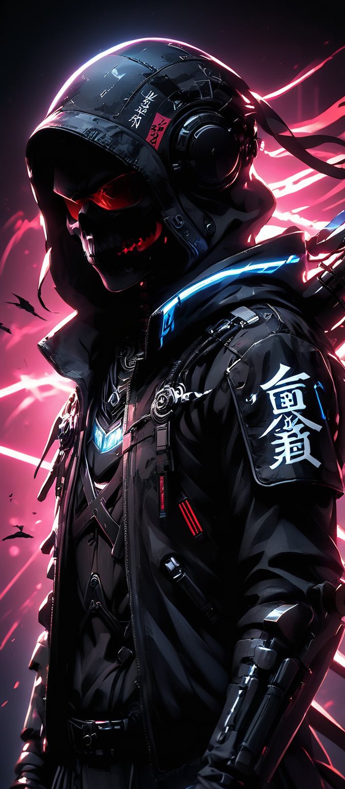 assassinkahb style, a black and white photo of an Cyborg Samurai assassin wearing a high collar motorcycle jacket with japanese writing on the back, fight stance, fists up, Split, solo, simple background, shoulders implementations of wires and nano Future Tech, Large sedge hat, 1boy, white background, jacket, monochrome, upper body, greyscale, male focus, long hair in wind, weapon, clothes writing, skull, skeleton, japanese flag, creating a Synthwave sunrise scene with bleaked dark colorful Neon and black details,pitate hat,pirate patch eye on left eye