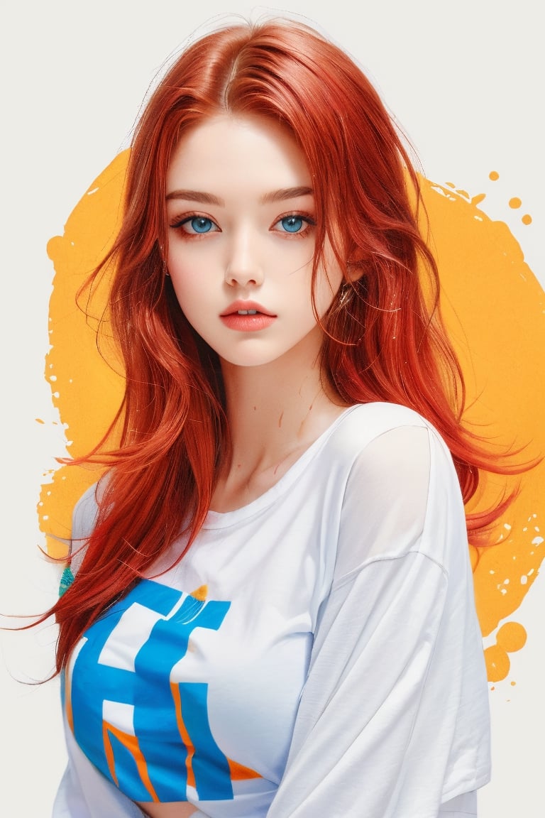 A stunning minimalist illustration featuring a young blue eyes caucasian teen with vibrant red hair that falls to her mid-length. She is wearing a fitted white t-shirt with orange patches on the sleeves, which are slightly wet and clinging to her body, revealing her form. The background is simple and clean, allowing the focus to remain solely on the woman's captivating appearance.