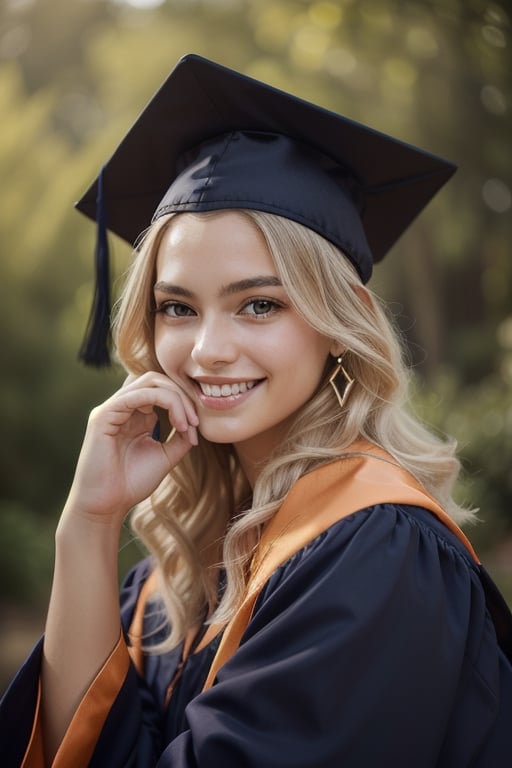 16 year old Colombian girl, black hair (very long hair, curly hair), dressed in graduation gown (closed) and graduation cap (dark blue), dull fabric, smiling, modern pose, accessories (necklace, earrings), , Best quality, 32k, photorealistic, half body, studio shot, ultra detailed, finely detailed, high resolution, perfect dynamic composition, beautiful detailed eyes, sharp focus, , cowboy_shot,PHOTOREAL