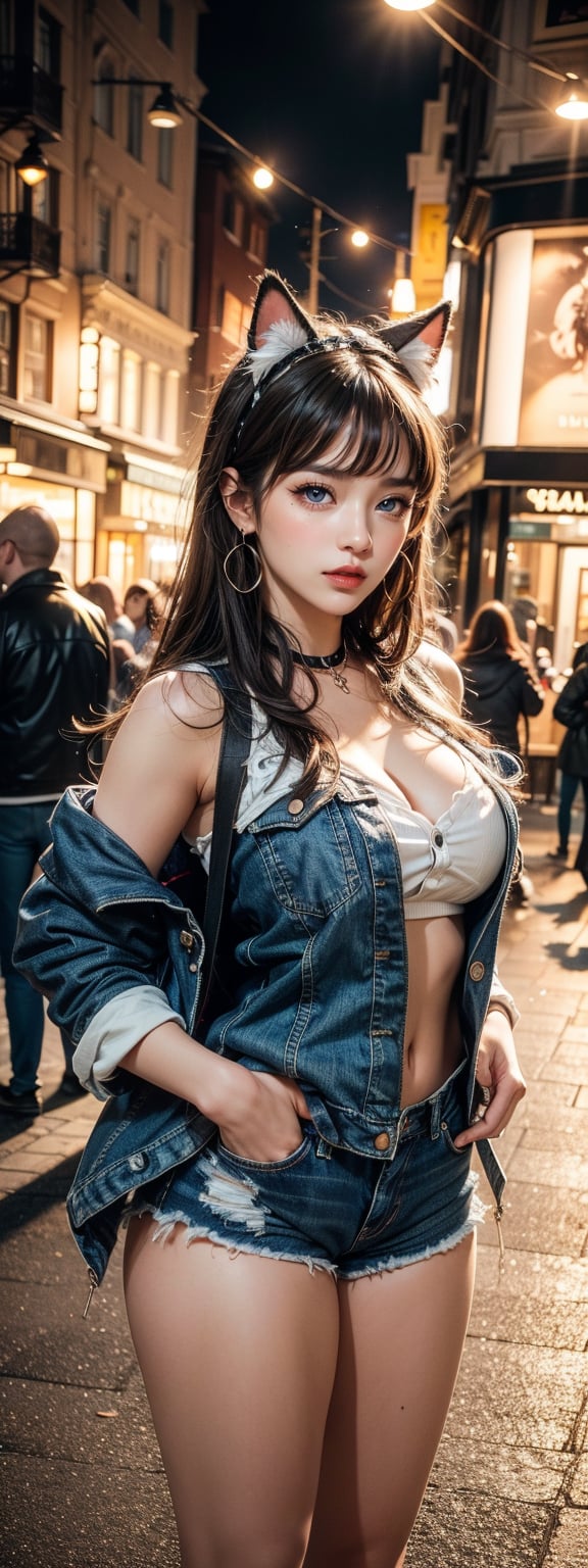 1girl, long hair, breasts, looking at viewer, smile, bangs, blue eyes, brown hair, animal ears, cleavage, bare shoulders, jewelry, medium breasts, standing, jacket, cowboy shot, earrings, outdoors, open clothes, shorts, solo focus, cat ears, medium hair, off shoulder, blurry, open jacket, lips, short shorts, buttons, blurry background, fake animal ears, thigh gap, denim, blue jacket, hands in pockets, midriff peek, crowd, denim jacket,

The image is a digital artwork that captures the essence of a festive street scene, possibly during a winter celebration. The central figure is a stylized representation of a woman with anime-like features, which includes large eyes and detailed hair. Her attire suggests a fashionable choice for a cold environment, with the addition of cat ears indicating a playful or themed outfit. The background is bustling with activity, hinting at a popular public space, while the decorative lights add to the celebratory atmosphere. The overall impression is one of vibrancy and enjoyment. (RAW Photo, Best Quality), (Real, Photo Real: 1.1), Best Quality, Masterpiece, Beauty and Aesthetics, 16K, (HDR: 1.2), High Contrast, (Vivid Colors: 1.3) , (soft colors, dull colors, soothing tones: 1.2), cinematic lighting, ambient light, side lighting, fine details and textures, cinematic lenses, warm colors, (bright and intense: 1.1), wide angle lenses, surreal illustrations, Siena's natural proportions, dynamic posture, precise anatomy of body and hands, four fingers and a thumb,