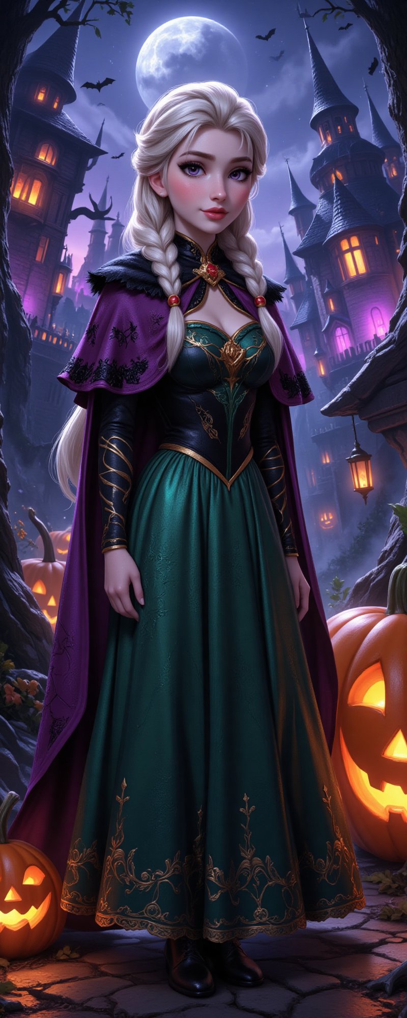 Princess Anna from Frozen is wearing her classic dress but with Halloween elements. Her green skirt is adorned with intricate spider web patterns, with black bats occasionally fluttering along the edges. Her cloak has transformed into a cape with dark purple and black intertwined, with golden pumpkin lantern embroidery along the borders, creating a mysterious yet fairy-tale-like magic. Her brooch has changed from a floral shape to a shining pumpkin design, glowing with orange radiance. She stands in a mysterious Halloween night, with the castle behind her illuminated by purple and orange lights, and small pumpkin spirits dancing around the doorways and windows, their pumpkin heads glowing mischievously. She is standing at the edge of a foggy forest with a few bats flying around, and orange lanterns hanging between the trees. Beside her is Olaf, dressed as a giant pumpkin, with a cute little pumpkin hat and his body carved like a jack-o'-lantern. The full moon lights up the whimsical, yet slightly spooky scene. Enhanced all, idol,Korean, Movie special effects grade style. Fantasy detailers,fantasy girl,Konami Art Style illustration  