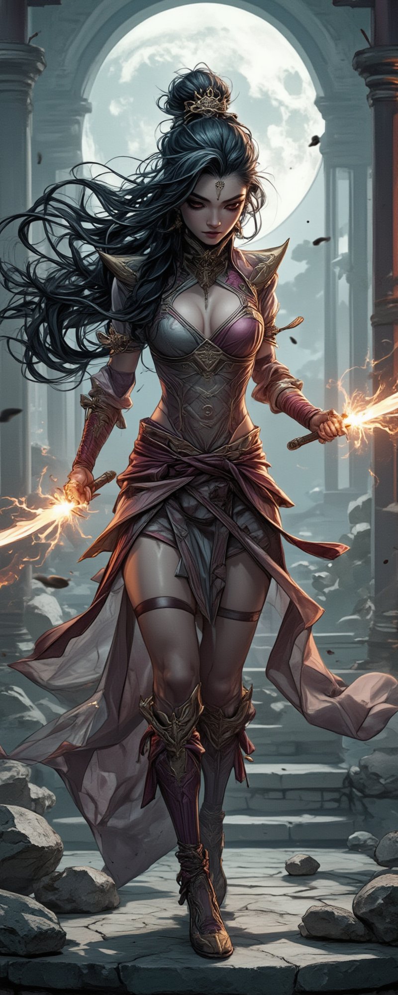 In a dramatic pose, Diao Chan, the legendary beauty and one of the Four Great Beauties of ancient China, reimagined as a voluptuous female assassin. Her minimal armor is made of shimmering silk and gold, covering just enough to accentuate her ample curves while leaving her slender waist and long legs exposed. Her long, flowing hair is a cascade of black silk, and her eyes are as captivating as they are deadly. In her hands, she holds a pair of glowing daggers, their blades crackling with deadly precision. She moves gracefully through a moonlit garden, her voluptuous form blending with the shadows as she prepares to strike down her target. Her beauty is both a weapon and a shield, drawing in her enemies only to strike when they least expect it, making her the perfect blend of seduction and lethal skill. Enhanced all, Movie special effects grade style.