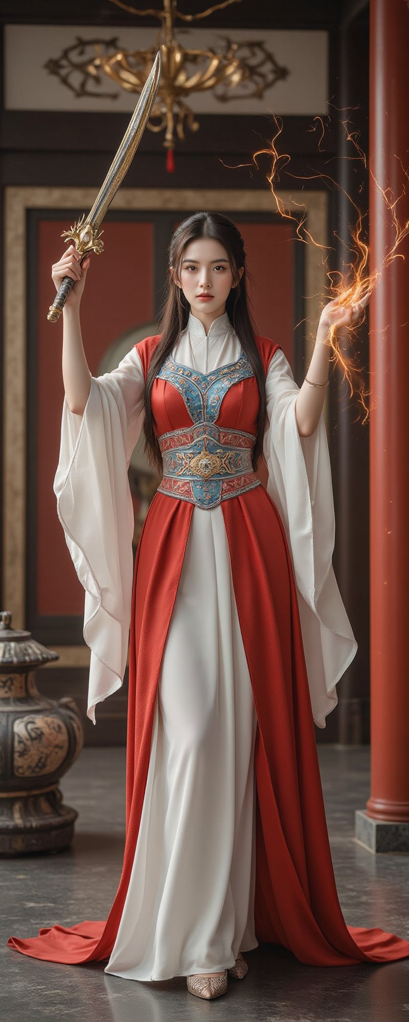 A stunning Taiwanese woman of Japanese descent poses confidently in a lavish Chinese ancient architecture setting. She wears a intricately designed red armor, holding a massive sword with intricate details. Her long black hair cascades down A sacred vision of a saintly nun, reminiscent of a living porcelain doll, stands on a gray floor. Her white robe flows elegantly around her, with intricate blue accents on the chest plate and belt emphasizing her hourglass figure. With one hand holding a celestial sword and the other raised, as if channeling divine lightning energy, she exudes both power and elegance. Golden hair cascades down her back in layers, framing her refined features. Despite the black veil covering her eyes, subtle glints suggest an otherworldly gaze remains. High heels add a touch of sophistication, amplifying her ethereal presence. Enhanced all