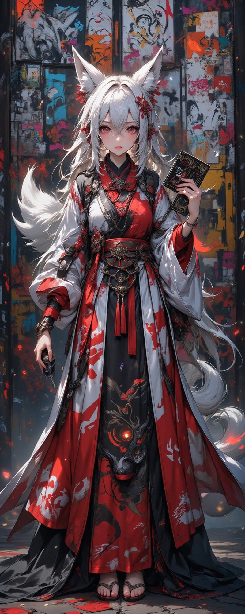 A modern shrine maiden with fox spirit features and a mix of traditional and graffiti-inspired clothing,  standing against...
