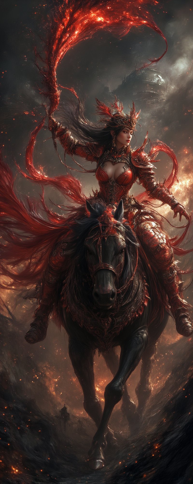 In a dramatic pose, Lü Bu, the most feared warrior of the Three Kingdoms, reimagined as a voluptuous and unstoppable female fighter. Her armor is crafted from shining red and black metal, designed to accentuate her large chest and powerful, curvaceous legs. The armor is minimal, allowing her full figure to be on display, yet it glows with an intimidating red light. In her hands, she wields a massive halberd, ((Fangtian Huaji)), which crackles with dark energy. Her long, dark hair flows wildly behind her, and her fierce eyes shine with an unmatched lust for battle. She stands atop a towering warhorse, surrounded by the smoke and fire of a destroyed battlefield, her body radiating the aura of an unstoppable warrior, feared by all who face her. Enhanced all, Movie special effects grade style.