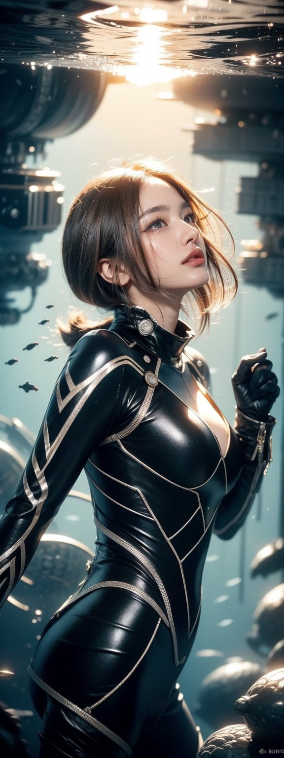 1girl, A close-up, dramatic shot of Kana, a deep-sea warrior, in a dark, body-hugging combat suit. Her armor is sleek with subtle technological elements, featuring protective padding on the shoulders and arms, built to endure harsh underwater conditions. The suit’s material reflects a wet, slick texture, highlighting its water-resistant properties. She stands alone, looking out into a shadowy, seemingly endless ocean. Behind her, the silhouette of a colossal sea monster blends into the deep, while the deck of a dilapidated submarine frames the foreground. The illustration has a gritty, comic style with strong black and white contrasts, heavy use of shadows, and rough, expressive line work.(RAW Photo, Best Quality), (Real, Photo Real: 1.1), Best Quality, Masterpiece, Beauty and Aesthetics, 16K, (HDR: 1.2), High Contrast, (Vivid Colors: 1.3) , (soft colors, dull colors, soothing tones: 1.2), cinematic lighting, ambient light, side lighting, fine details and textures, cinematic lenses, warm colors, (bright and intense: 1.1), wide angle lenses, surreal illustrations, Siena's natural proportions, silver hair, dynamic posture, precise anatomy of body and hands, four fingers and a thumb,idol,Korean