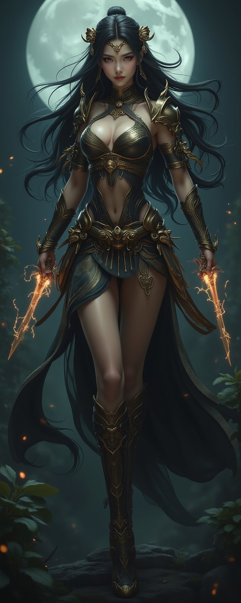  In a dramatic pose, Diao Chan, the legendary beauty and one of the Four Great Beauties of ancient China, reimagined as a voluptuous female assassin. Her minimal armor is made of shimmering silk and gold, covering just enough to accentuate her ample curves while leaving her slender waist and long legs exposed. Her long, flowing hair is a cascade of black silk, and her eyes are as captivating as they are deadly. In her hands, she holds a pair of glowing daggers, their blades crackling with deadly precision. She moves gracefully through a moonlit garden, her voluptuous form blending with the shadows as she prepares to strike down her target. Her beauty is both a weapon and a shield, drawing in her enemies only to strike when they least expect it, making her the perfect blend of seduction and lethal skill. Enhanced all, Movie special effects grade style.