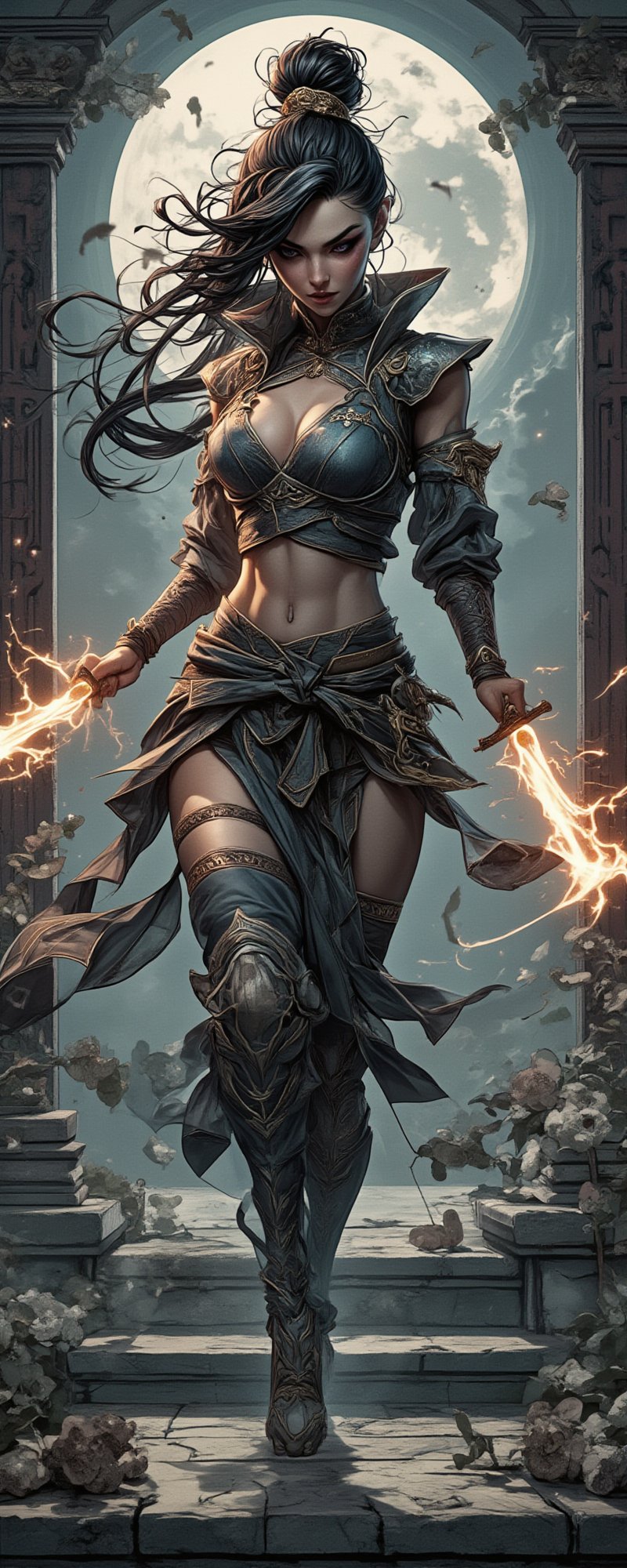 In a dramatic pose, Diao Chan, the legendary beauty and one of the Four Great Beauties of ancient China, reimagined as a voluptuous female assassin. Her minimal armor is made of shimmering silk and gold, covering just enough to accentuate her ample curves while leaving her slender waist and long legs exposed. Her long, flowing hair is a cascade of black silk, and her eyes are as captivating as they are deadly. In her hands, she holds a pair of glowing daggers, their blades crackling with deadly precision. She moves gracefully through a moonlit garden, her voluptuous form blending with the shadows as she prepares to strike down her target. Her beauty is both a weapon and a shield, drawing in her enemies only to strike when they least expect it, making her the perfect blend of seduction and lethal skill. Enhanced all, Movie special effects grade style.