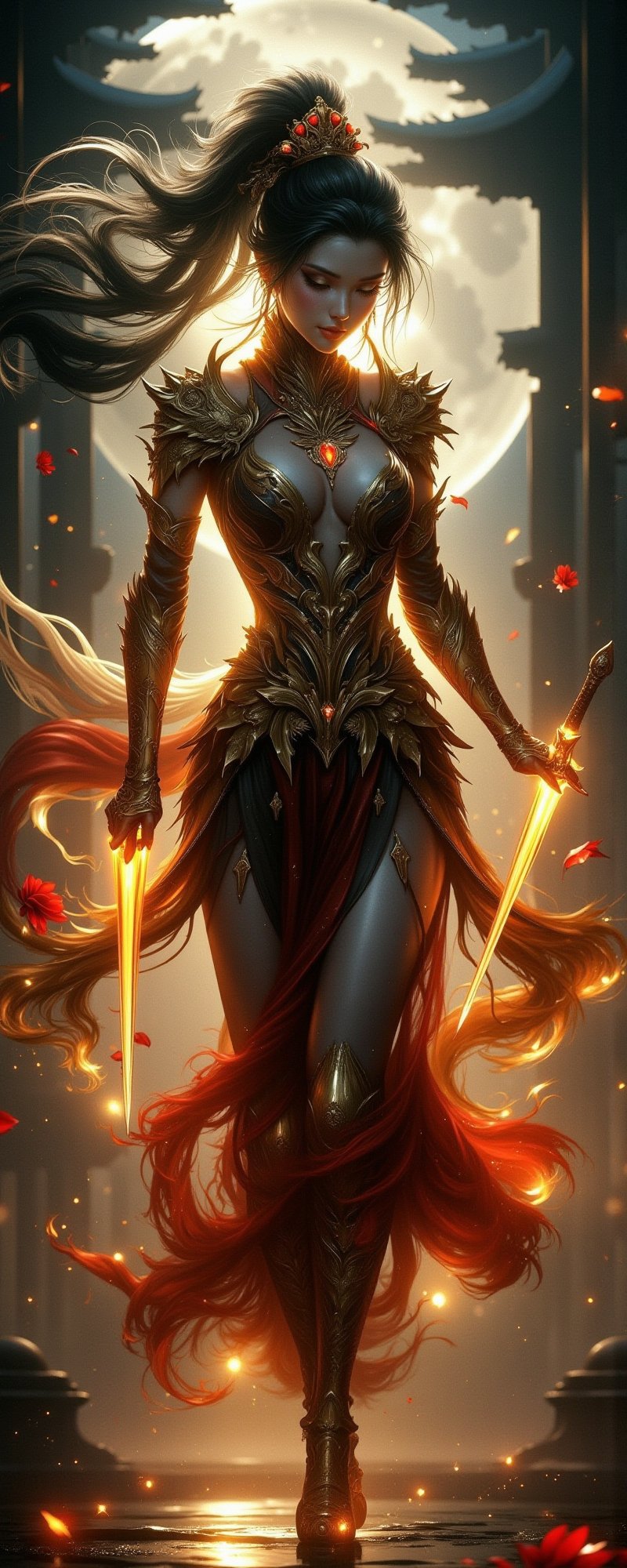 Masterpiece, professional, award-winning, intricate details, ultra high detailed, 64k, volumetric light, dynamic lighting, Movie Aesthetic, action shot. In this breathtaking scene, In a dramatic pose, Diao Chan, the legendary beauty and one of the Four Great Beauties of ancient China, reimagined as a voluptuous female assassin. Her minimal armor is made of shimmering silk and gold, covering just enough to accentuate her ample curves while leaving her slender waist and long legs exposed. Her long, flowing hair is a cascade of black silk, and her eyes are as captivating as they are deadly. In her hands, she holds a pair of glowing daggers, their blades crackling with deadly precision. She moves gracefully through a moonlit garden, her voluptuous form blending with the shadows as she prepares to strike down her target. Her beauty is both a weapon and a shield, drawing in her enemies only to strike when they least expect it, making her the perfect blend of seduction and lethal skill. Enhanced all, Movie special effects grade style. Abstract Lighting Effects