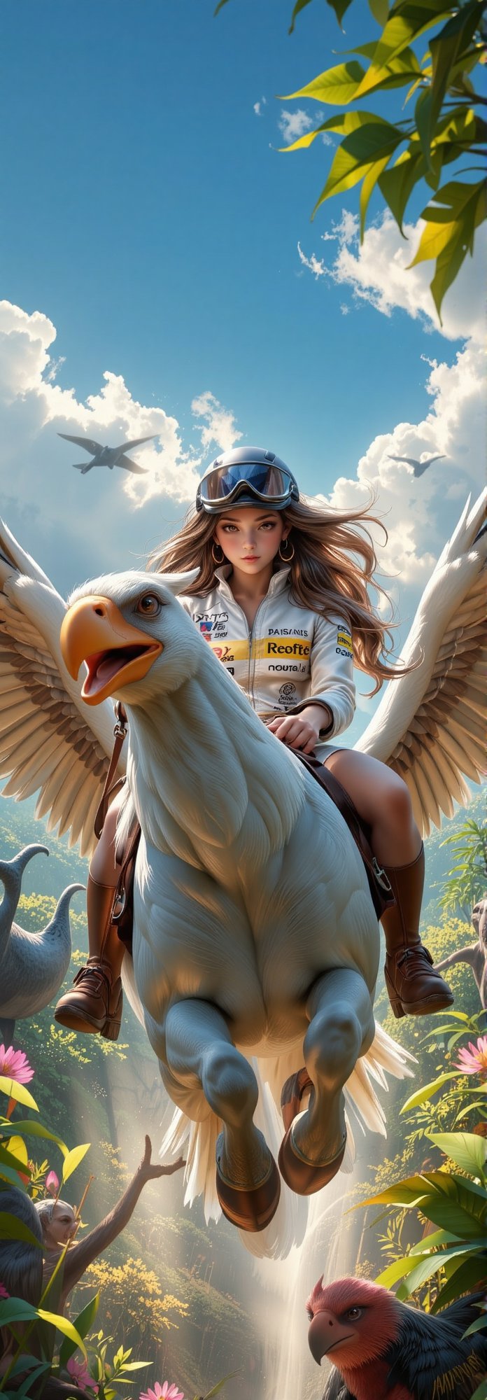 A beautiful girl in a racing girl suit rides a high-altinent bird and gallops in the jungle,  alluring and bustling,  Enha...