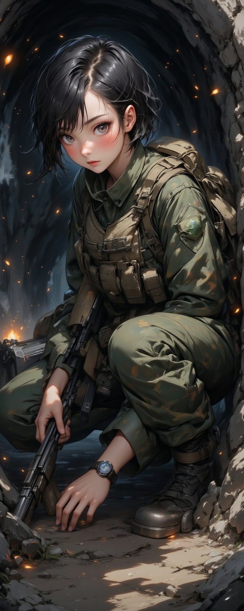 A stunning,  photorealistic scene of a beautiful female soldier crouching tensely in a dark,  narrow cave tunnel. She wear...