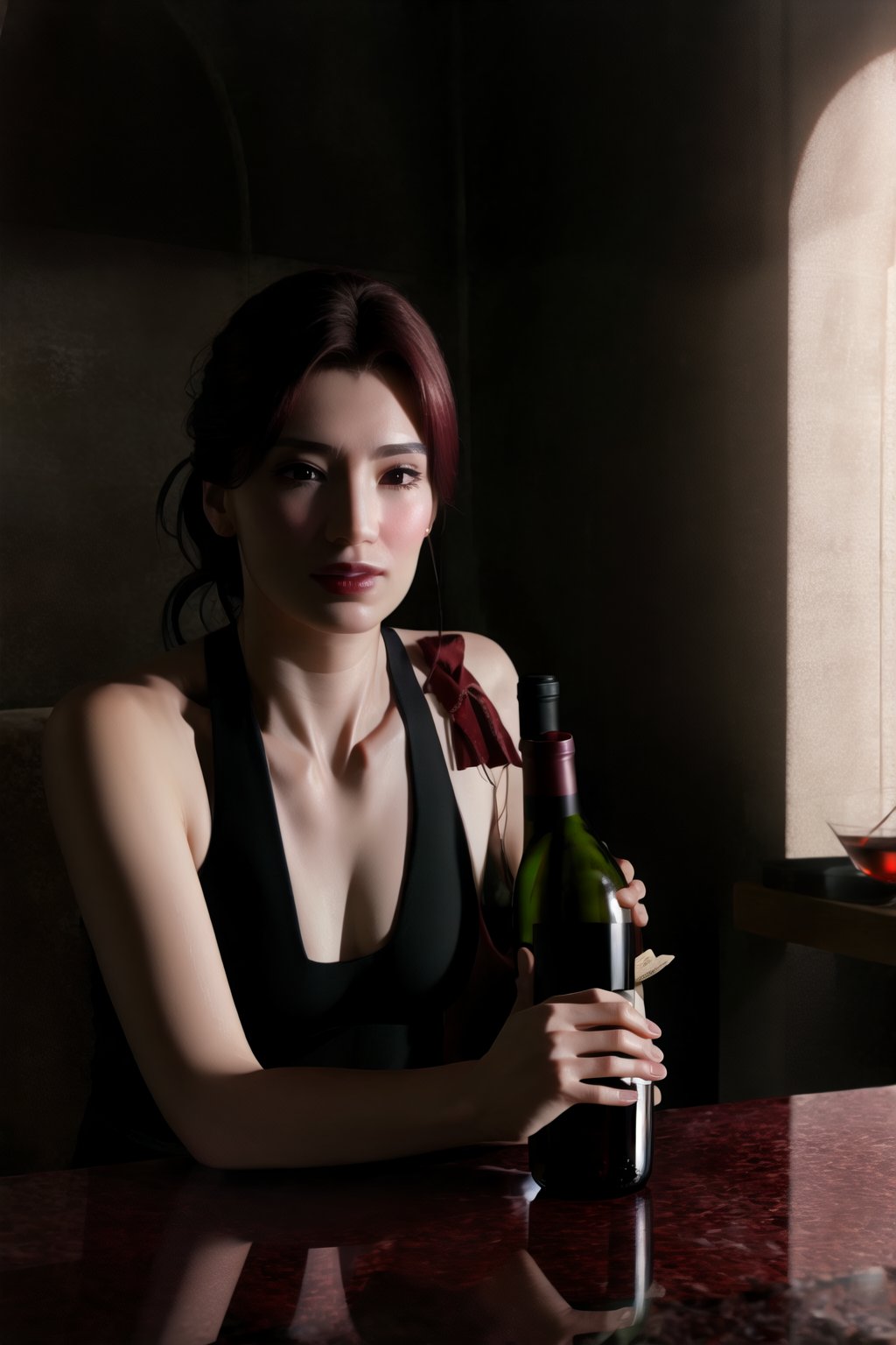 Soft light, HD, realistic skin, photorealism, half full wine bottle 