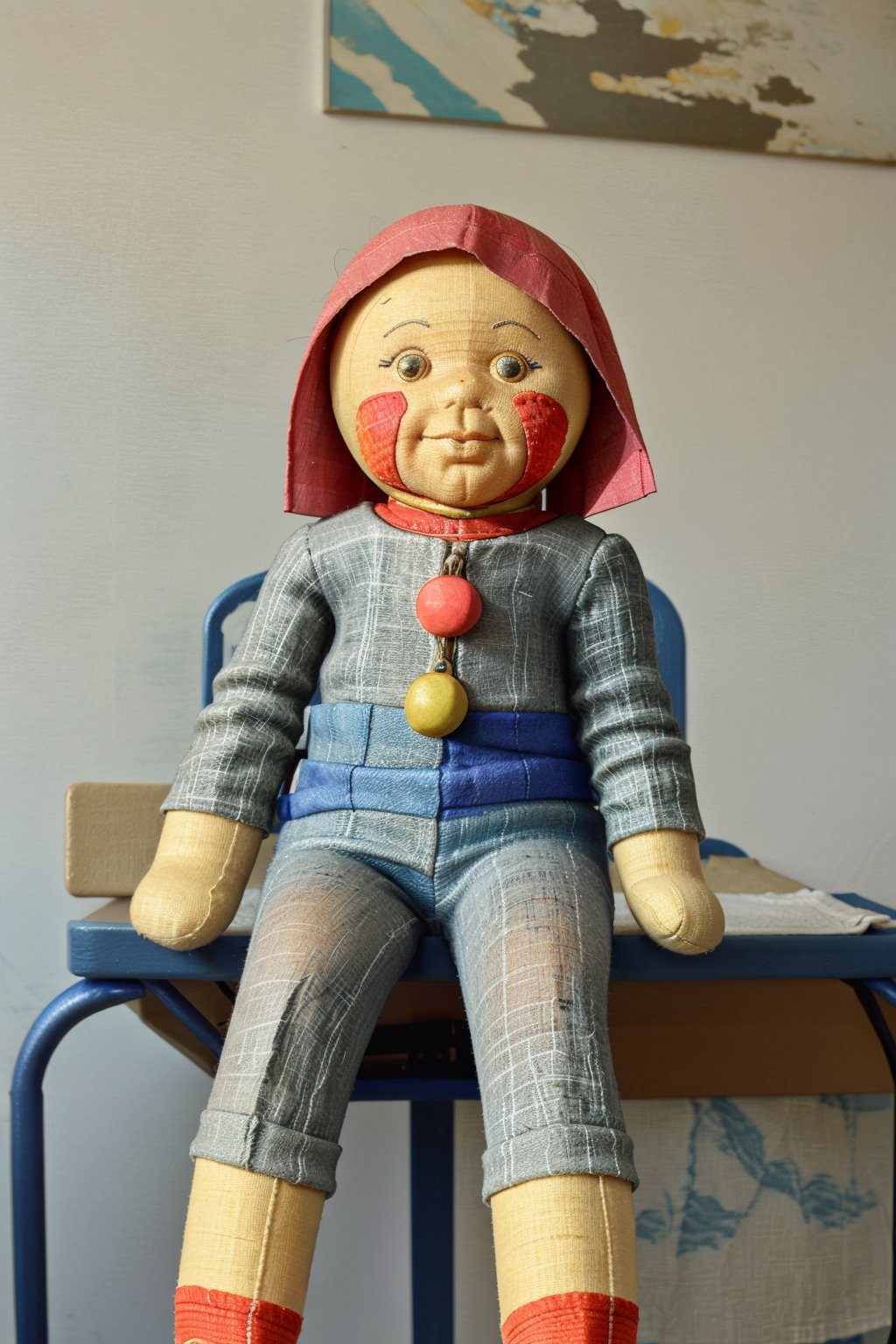 (realistic_cloth_linen_doll_on_a_table:1.40)