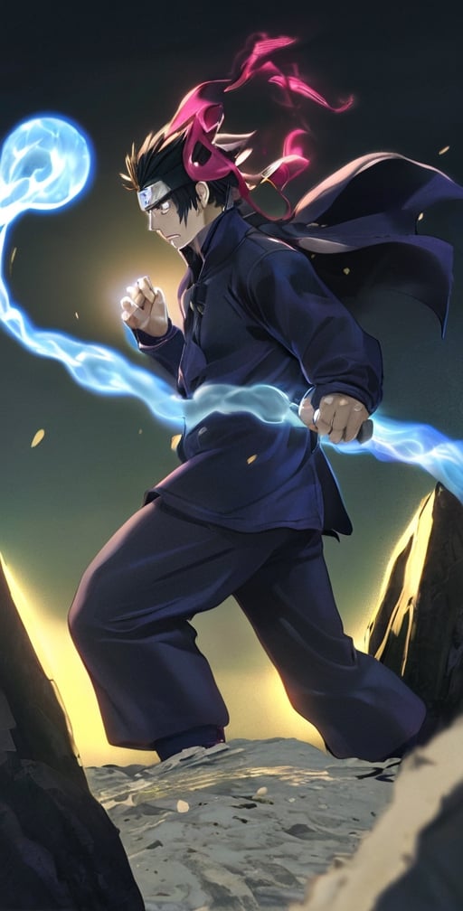 "Generate an image of Sasuke Uchiha from the popular anime series 'Naruto' using his signature jutsu, the 'Rasengan.' Naruto stands with determination, his blond hair flowing, and his bright blue eyes focused. He holds his palm out, surrounded by swirling chakra that forms the Chidori Ball Energy Lightning, a spiraling sphere of energy. The scene is set against a backdrop of a lush forest, with leaves rustling in the wind as Naruto's power radiates through the air. Capture the essence of Naruto's spirit and determination as he unleashes his formidable ninja abilities."s4suk3,