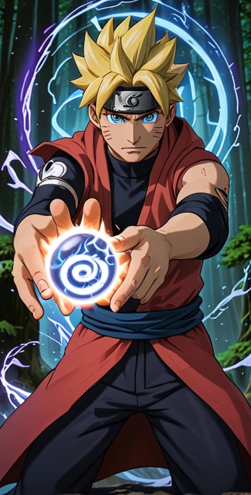 "Generate an image of Sasuke Uchiha from the popular anime series 'Naruto' using his signature jutsu, the 'Rasengan.' Naruto stands with determination, his blond hair flowing, and his bright blue eyes focused. He holds his palm out, surrounded by swirling chakra that forms the Chidori Ball Energy Lightning, a spiraling sphere of energy. The scene is set against a backdrop of a lush forest, with leaves rustling in the wind as Naruto's power radiates through the air. Capture the essence of Naruto's spirit and determination as he unleashes his formidable ninja abilities."s4suk3,