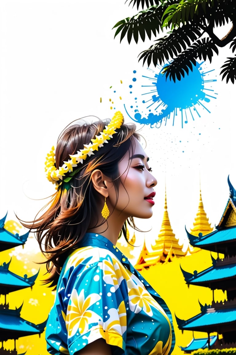 Silhouette of a girl filled with scenery of a magical world, fantastic scenery of songkran festival Chiangmai, close-up, double exposure, white background