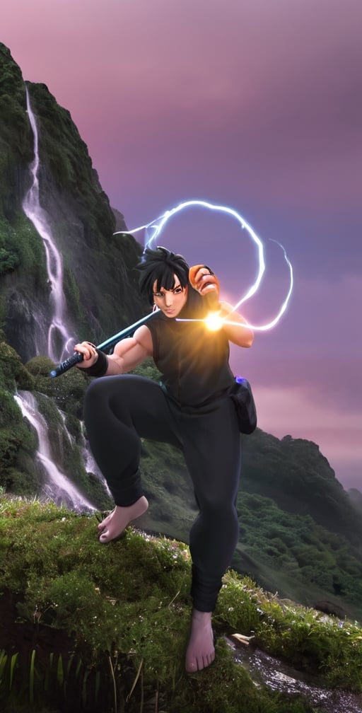 "Generate an image of Sasuke Uchiha from the popular anime series 'Naruto' using his signature jutsu, the 'Rasengan.' Naruto stands with determination, his blond hair flowing, and his bright blue eyes focused. He holds his palm out, surrounded by swirling chakra that forms the Chidori Ball Energy Lightning, a spiraling sphere of energy. The scene is set against a backdrop of a lush forest, with leaves rustling in the wind as Naruto's power radiates through the air. Capture the essence of Naruto's spirit and determination as he unleashes his formidable ninja abilities."s4suk3,