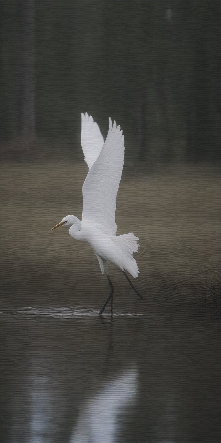 (Documentary photograph:1.3) of a white heron, standing in the shallow waters of a swamp, as he takes flight, outdoors, ultra realistic, games of shadows, vintage aesthetics, (photorealistic:1.3), front view, well-lit, (shot on Hasselblad 500CM:1.4), (wide shot1.3), Fujicolor Pro film, in the style of Helmut Newton, (photorealistic:1.3), highest quality, detailed and intricate, original shot,