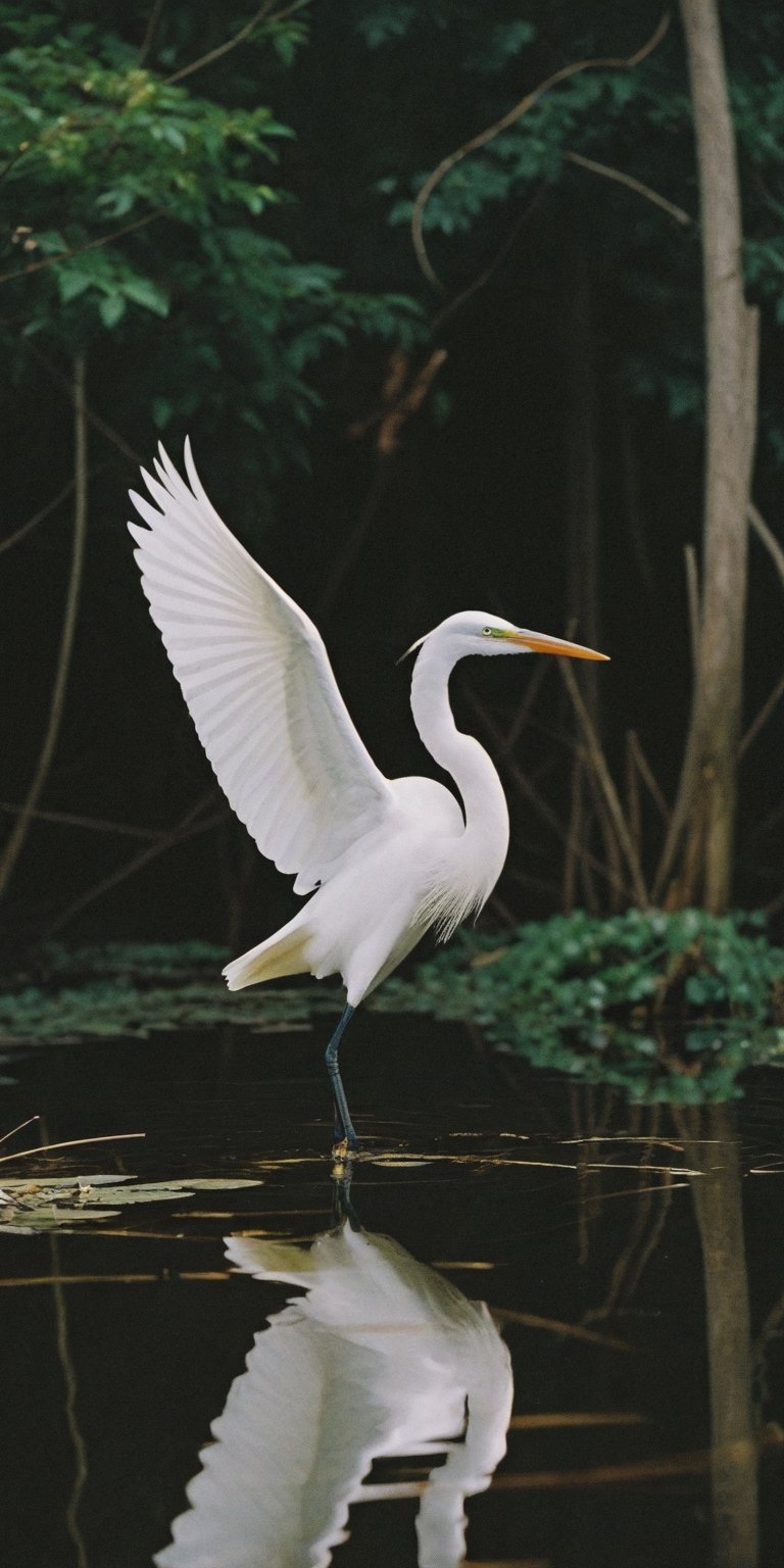 (Documentary photograph:1.3) of a white heron, standing in the shallow waters of a swamp, as he takes flight, outdoors, ultra realistic, games of shadows, vintage aesthetics, (photorealistic:1.3), front view, well-lit, (shot on Hasselblad 500CM:1.4), (wide shot1.3), Fujicolor Pro film, in the style of Helmut Newton, (photorealistic:1.3), highest quality, detailed and intricate, original shot,