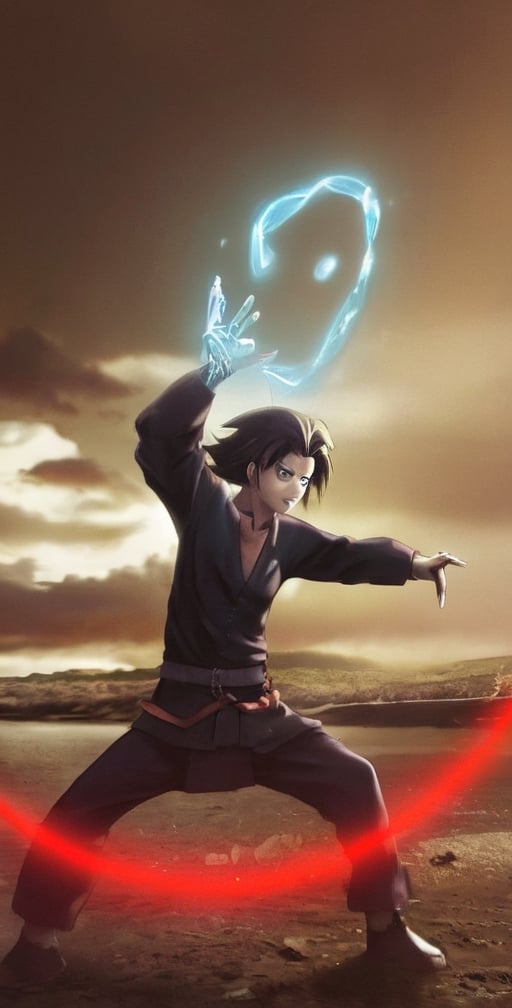 "Generate an image of Sasuke Uchiha from the popular anime series 'Naruto' using his signature jutsu, the 'Rasengan.' Naruto stands with determination, his blond hair flowing, and his bright blue eyes focused. He holds his palm out, surrounded by swirling chakra that forms the Chidori Ball Energy Lightning, a spiraling sphere of energy. The scene is set against a backdrop of a lush forest, with leaves rustling in the wind as Naruto's power radiates through the air. Capture the essence of Naruto's spirit and determination as he unleashes his formidable ninja abilities."s4suk3,