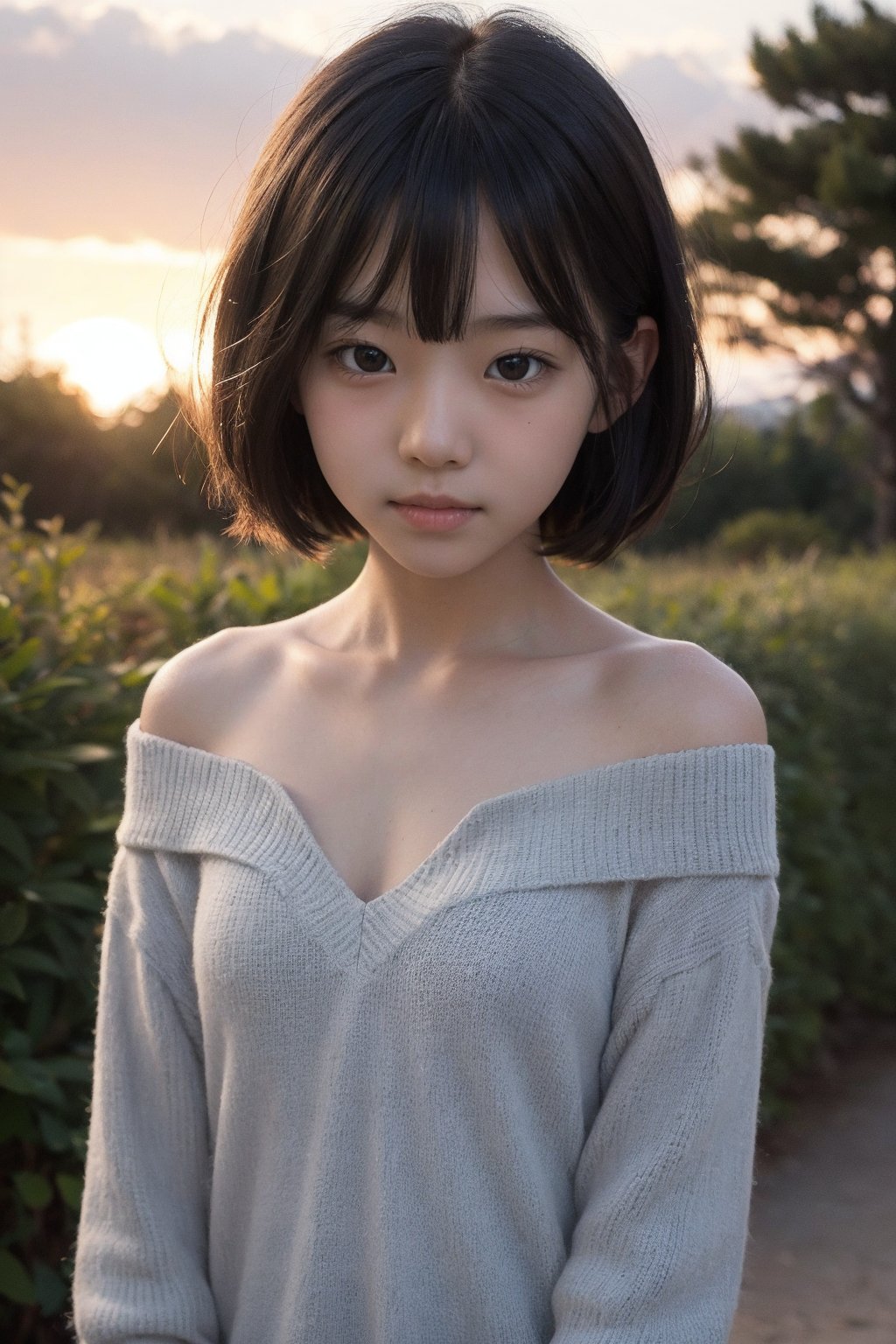 主：(Misty woods under sunset),  視：(((face photo))),  人：1litte 1kid 7yo gril by 萬仔58 on Tensor.Art
