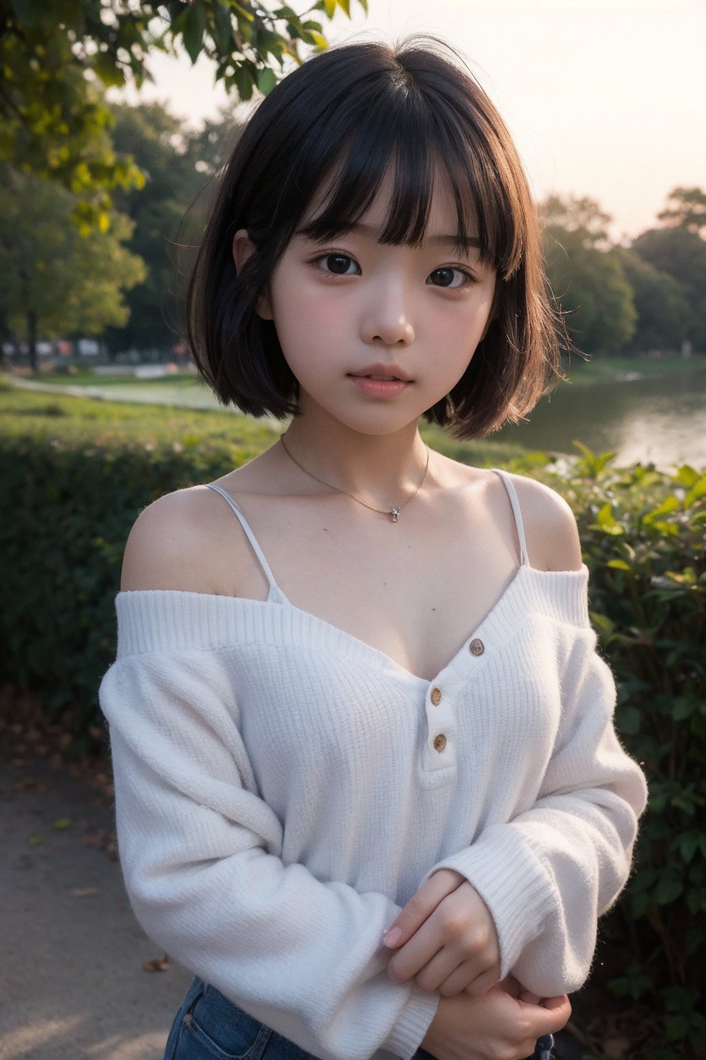 主：(Misty woods under sunset),  視：(((face photo))),  人：1litte 1kid 7yo gril by 萬仔58 on Tensor.Art