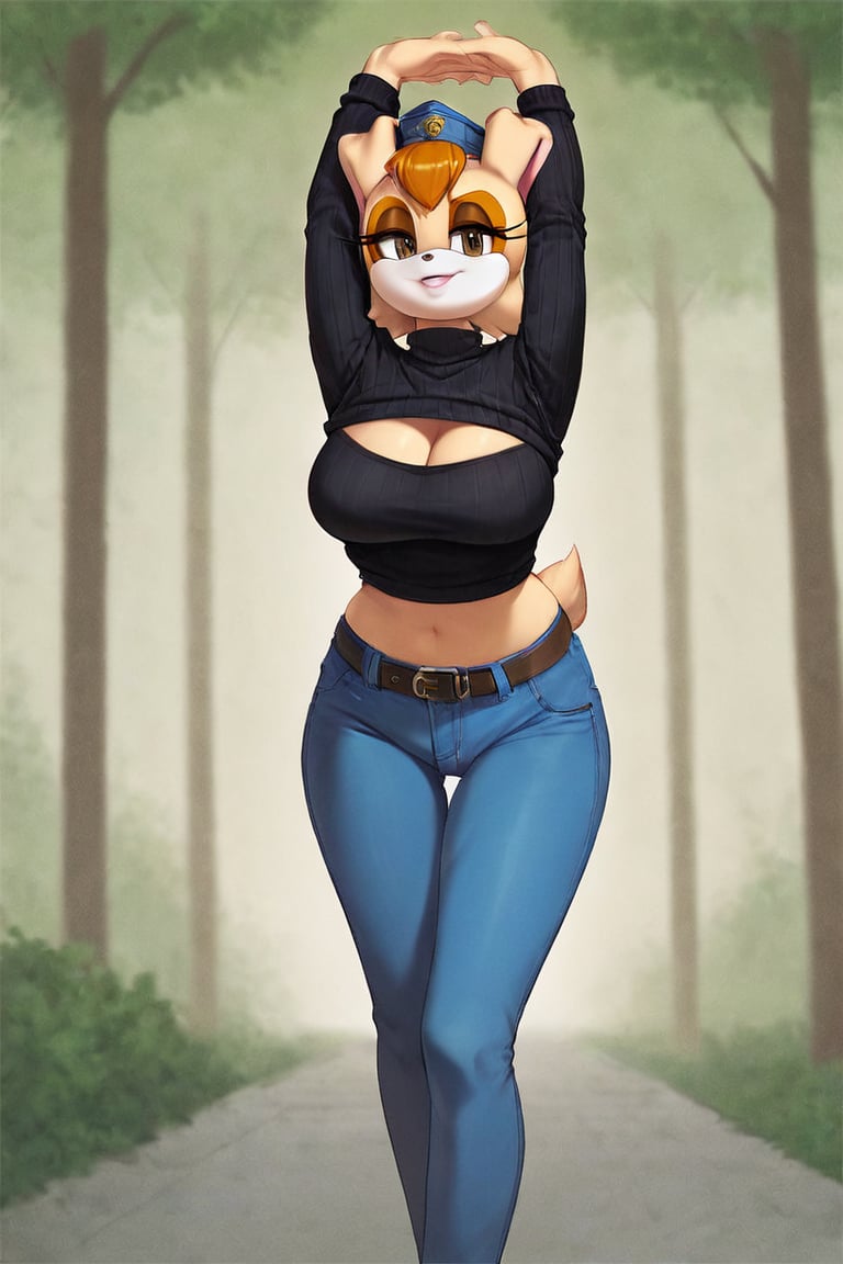 score_9, score_8_up, score_7_up, score_6_up, score_5_up, score_4_up, (Source sonic), (rating safe), vanilla the rabbit, 1girl, solo, outside, wearing blue jeans,  black sweater, shirt cutout, large breasts, brown eyes, looking at viewer, standing, outside, trees, fall weather,  , wide hips, rabbit girl, short hair, body fur, dynamic pose, anime style,flashing belly,cammystretch, stretching,leaning forward,arms up,stomach_punch,Soviet Military uniform,skirt,belt,garrison cap,Lady police 