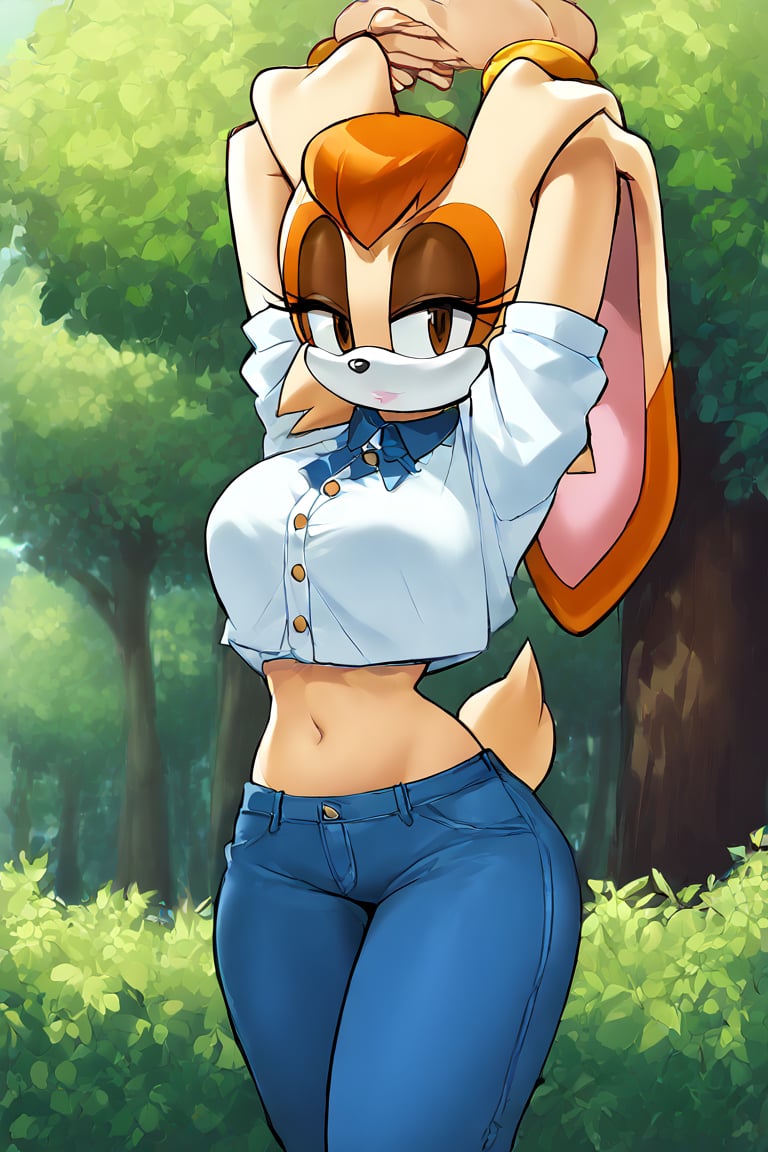 score_9, score_8_up, score_7_up, score_6_up, score_5_up, score_4_up, (Source sonic), (rating safe), vanilla the rabbit, 1girl, solo, outside, wearing blue jeans, white shirt, jacket, large breasts, brown eyes, looking at viewer, standing, outside, trees, fall weather,  , wide hips, rabbit girl, short hair, body fur, hands on hips, anime style,stomach_punch,arms up,cammystretch, stretching,flashing belly,sch00lg1rl