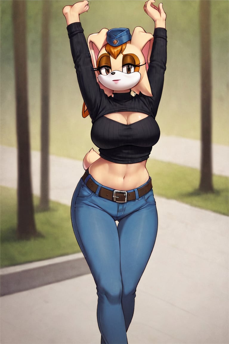 score_9, score_8_up, score_7_up, score_6_up, score_5_up, score_4_up, (Source sonic), (rating safe), vanilla the rabbit, 1girl, solo, outside, wearing blue jeans,  black sweater, shirt cutout, large breasts, brown eyes, looking at viewer, standing, outside, trees, fall weather,  , wide hips, rabbit girl, short hair, body fur, dynamic pose, anime style,flashing belly,cammystretch, stretching,leaning forward,arms up,stomach_punch,Soviet Military uniform,skirt,belt,garrison cap,Lady police 