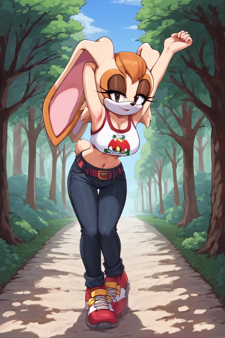 score_9, score_8_up, score_7_up, score_6_up, score_5_up, score_4_up, (Source sonic), (rating safe), vanilla the rabbit, 1girl, solo, outside, wearing black jeans,large breasts, black eyes, looking at viewer, standing, outside, trees, fall weather,  , wide hips, rabbit girl, short hair, body fur, dynamic pose, anime style,flashing belly,stomach_punch,cammystretch, stretching,leaning forward,arms up, RakkunVTSDXL,Big_Boobs,Huge_Boobs_Anime, short skirt,belt