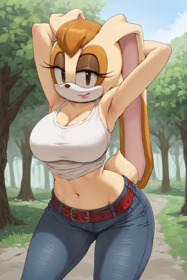 score_9, score_8_up, score_7_up, score_6_up, score_5_up, score_4_up, (Source sonic), (rating safe), vanilla the rabbit, 1girl, solo, outside, wearing black jeans,large breasts, black eyes, looking at viewer, standing, outside, trees, fall weather,  , wide hips, rabbit girl, short hair, body fur, dynamic pose, anime style,flashing belly,stomach_punch,cammystretch, stretching,leaning forward,arms up, RakkunVTSDXL,Big_Boobs,Huge_Boobs_Anime, short skirt,belt