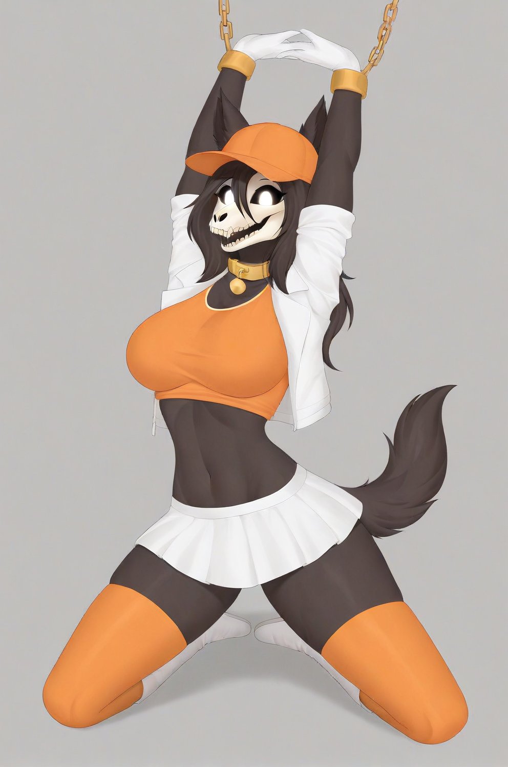 MalOXL, furry female, masterpiece, high quality, large breasts, scp-1471, black fur, orange top, white skirt, white jacket, flashing belly,arms up,cammystretch, stretching, kneeling, white boots, white gloves, golden chained hands, orange stockings, orange hat,  golden collar, white gloves, big boobs