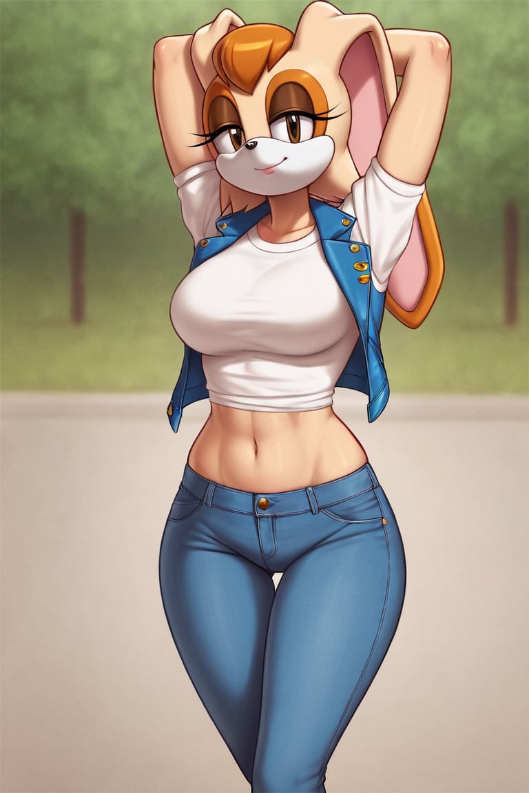 score_9, score_8_up, score_7_up, score_6_up, score_5_up, score_4_up, (Source sonic), (rating safe), vanilla the rabbit, 1girl, solo, outside, wearing blue jeans, white shirt, jacket, large breasts, brown eyes, looking at viewer, standing, outside, trees, fall weather,  , wide hips, rabbit girl, short hair, body fur, hands on hips, anime style,stomach_punch,arms up,cammystretch, stretching,flashing belly,sch00lg1rl