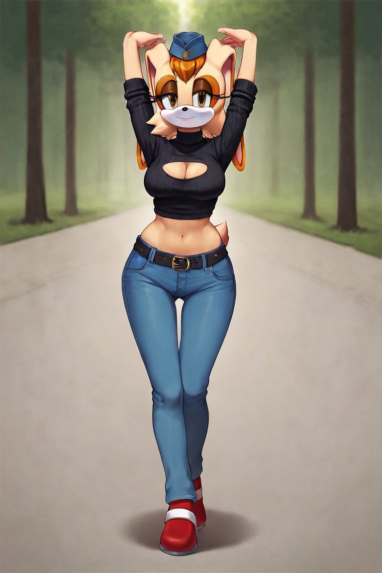 score_9, score_8_up, score_7_up, score_6_up, score_5_up, score_4_up, (Source sonic), (rating safe), vanilla the rabbit, 1girl, solo, outside, wearing blue jeans,  black sweater, shirt cutout, large breasts, brown eyes, looking at viewer, standing, outside, trees, fall weather,  , wide hips, rabbit girl, short hair, body fur, dynamic pose, anime style,flashing belly,cammystretch, stretching,leaning forward,arms up,stomach_punch,Soviet Military uniform,skirt,belt,garrison cap,Lady police 