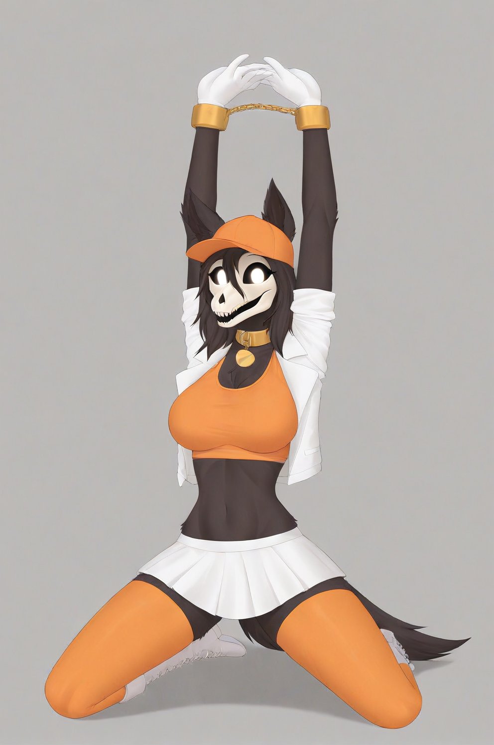 MalOXL, furry female, masterpiece, high quality, large breasts, scp-1471, black fur, orange top, white skirt, white jacket, flashing belly,arms up,cammystretch, stretching, kneeling, white boots, white gloves, golden chained hands, orange stockings, orange hat,  golden collar, white gloves, big boobs