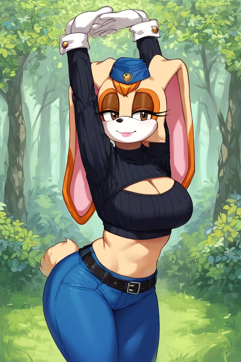 score_9, score_8_up, score_7_up, score_6_up, score_5_up, score_4_up, (Source sonic), (rating safe), vanilla the rabbit, 1girl, solo, outside, wearing blue jeans,  black sweater, shirt cutout, large breasts, brown eyes, looking at viewer, standing, outside, trees, fall weather,  , wide hips, rabbit girl, short hair, body fur, dynamic pose, anime style,flashing belly,cammystretch, stretching,leaning forward,arms up,stomach_punch,Soviet Military uniform,skirt,belt,garrison cap,Lady police 